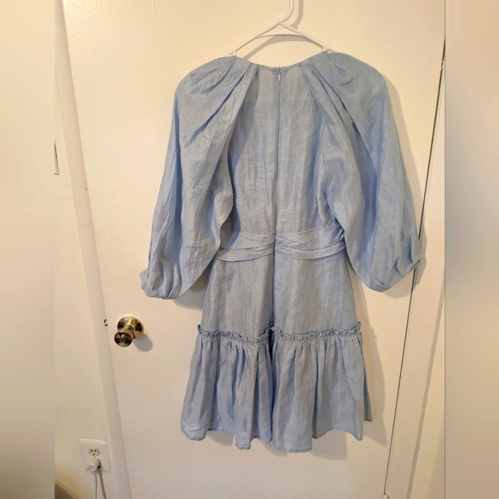 MSRP $400 Sandro Tourmaline Blue Linen Mini Dress Size XS / FR 34 - Picture 8 of 9